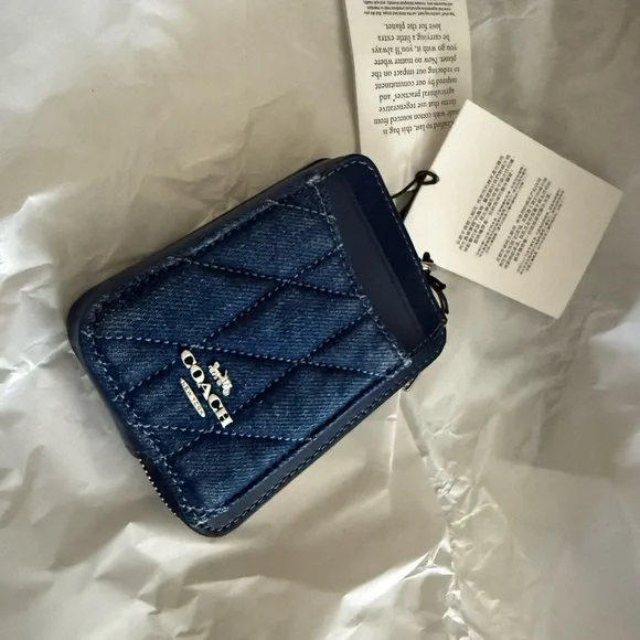Coach Denim Zip Card Case Holder with Chain and Quilting - Picture 1 of 2